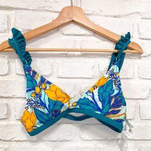 Cupshe Swimsuit Top: Floral Print Teal Mustard Yellow Bikini Size Medium